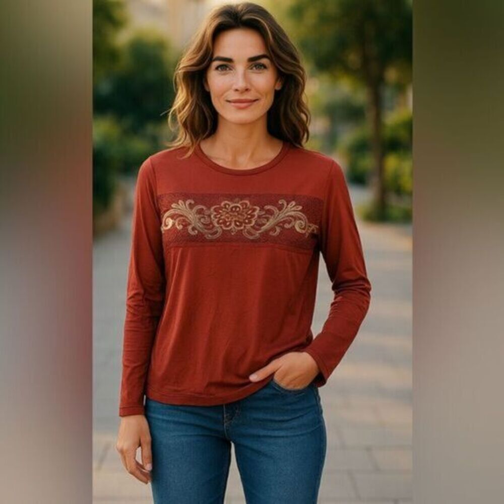 NWOT POL Plus Size Rust Color Embellished Long Sleeve Blouse Split Back - Size S